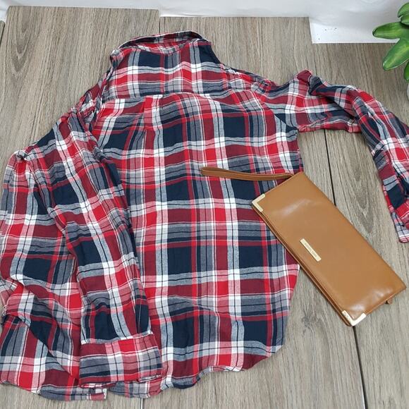 Asos XS red white and blue plaid shoulder cutout top sz 2 - Picture 3 of 4